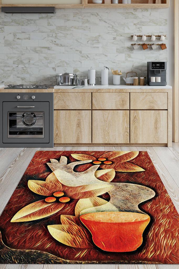 Çekirdekten Fincana Sıcak Renkli Halı Desenli Mutfak Halısı Kahve Figürlü Geometrik Halı