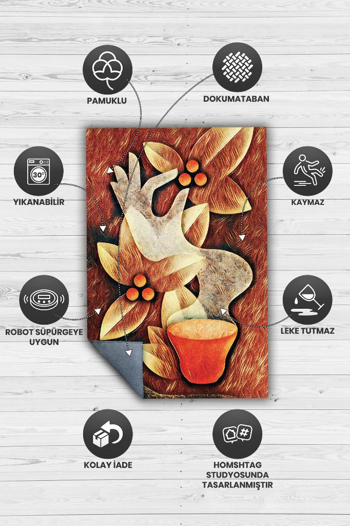 Çekirdekten Fincana Sıcak Renkli Halı Desenli Mutfak Halısı Kahve Figürlü Geometrik Halı