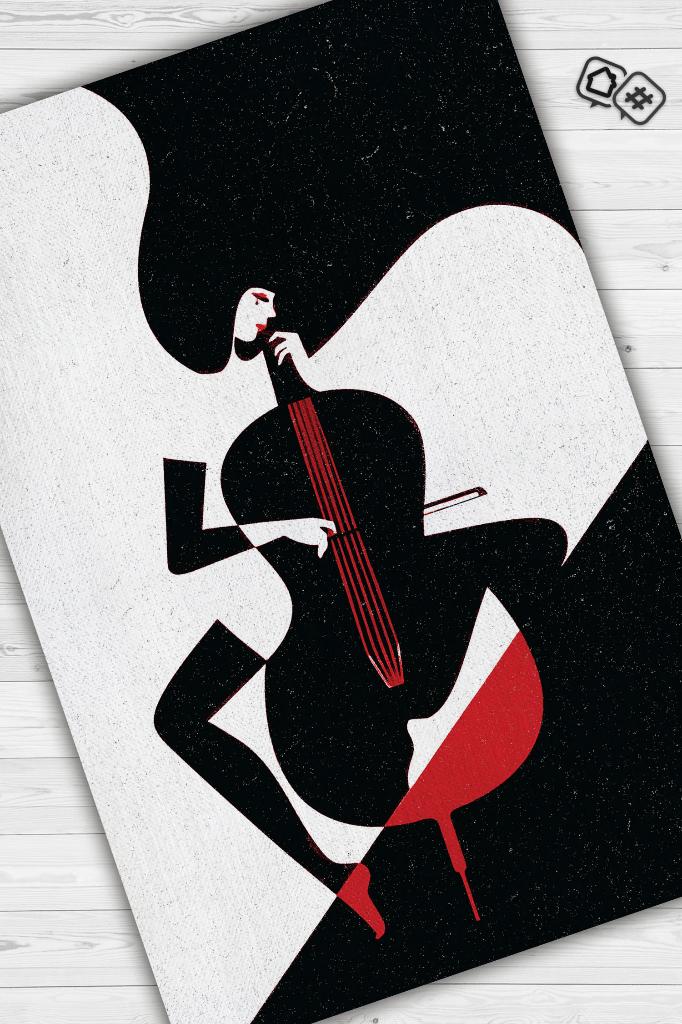 Çello Çalan Kadın Siyah Beyaz Halı Geometrik Müzik Sever Halısı Müzisyene Hediye Halı