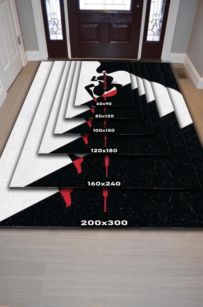Çello Çalan Kadın Siyah Beyaz Halı Geometrik Müzik Sever Halısı Müzisyene Hediye Halı