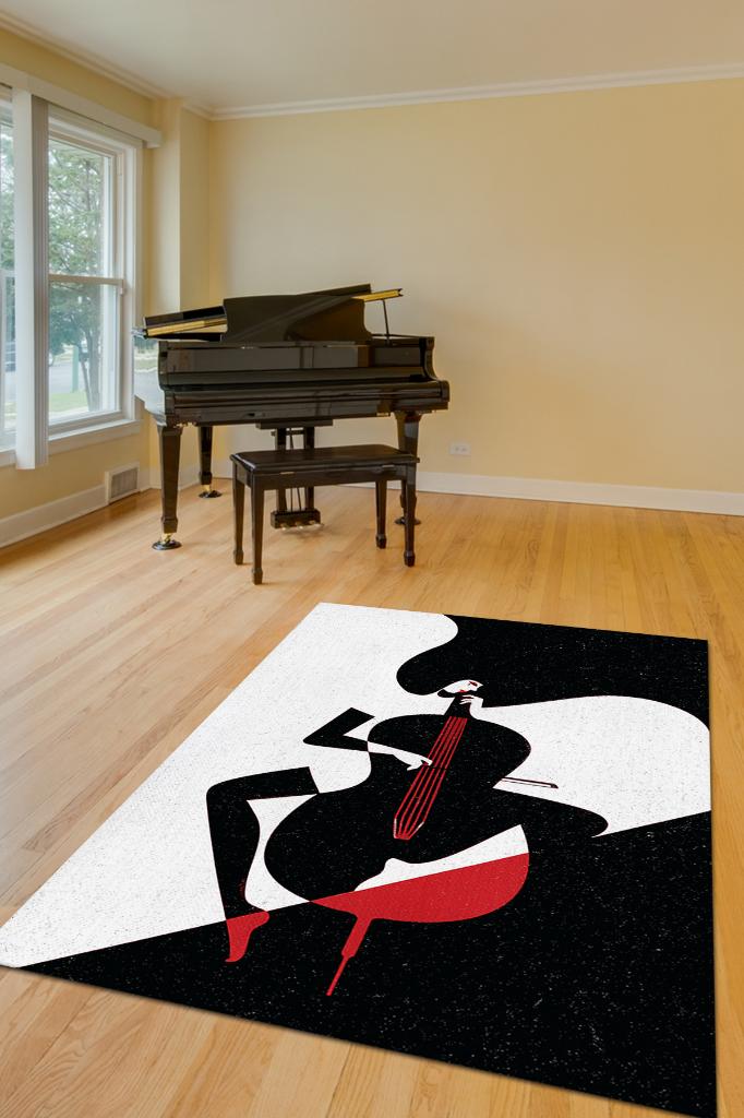 Çello Çalan Kadın Siyah Beyaz Halı Geometrik Müzik Sever Halısı Müzisyene Hediye Halı