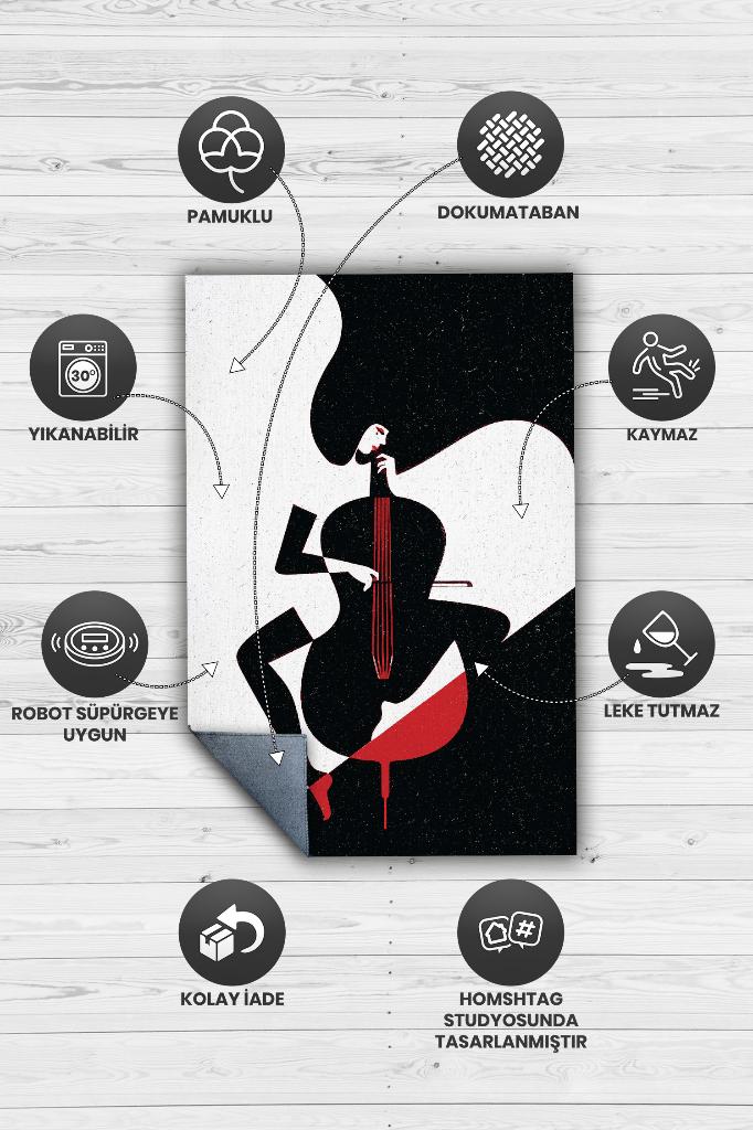 Çello Çalan Kadın Siyah Beyaz Halı Geometrik Müzik Sever Halısı Müzisyene Hediye Halı