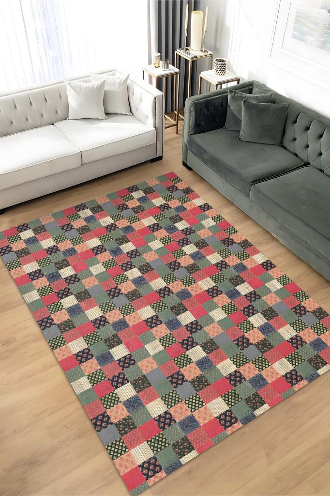 Çiçekli Patchwork Halı Geometrik Halı Renkli Kareli Oturma Odası Halısı Çiçekli Salon Halı