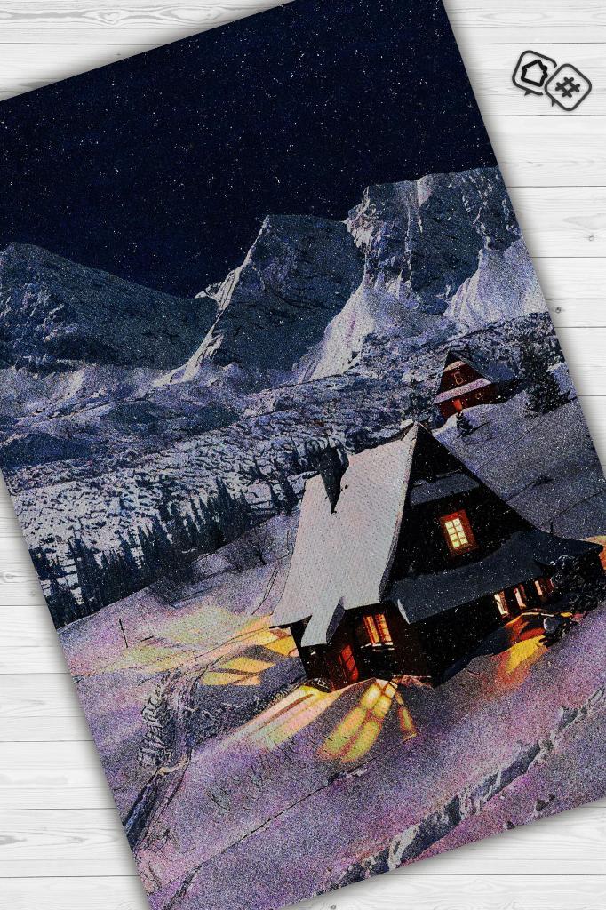 Dağ Evi Mavi Renkli Halı Manzara Temalı Figürlü Salon Halısı Dijital Baskılı Tasarım Halı