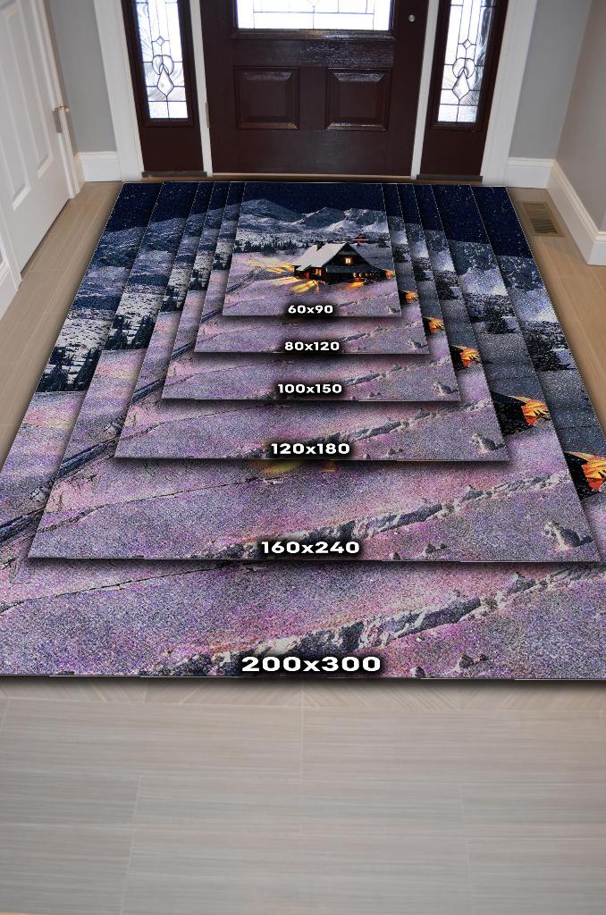 Dağ Evi Mavi Renkli Halı Manzara Temalı Figürlü Salon Halısı Dijital Baskılı Tasarım Halı