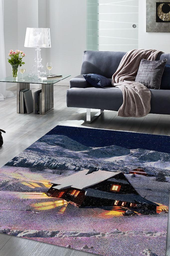 Dağ Evi Mavi Renkli Halı Manzara Temalı Figürlü Salon Halısı Dijital Baskılı Tasarım Halı