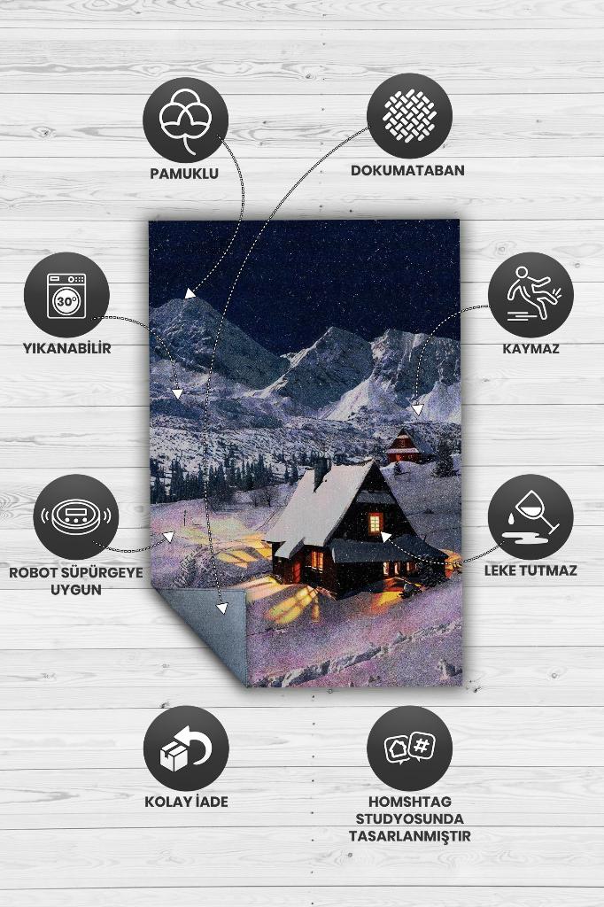 Dağ Evi Mavi Renkli Halı Manzara Temalı Figürlü Salon Halısı Dijital Baskılı Tasarım Halı