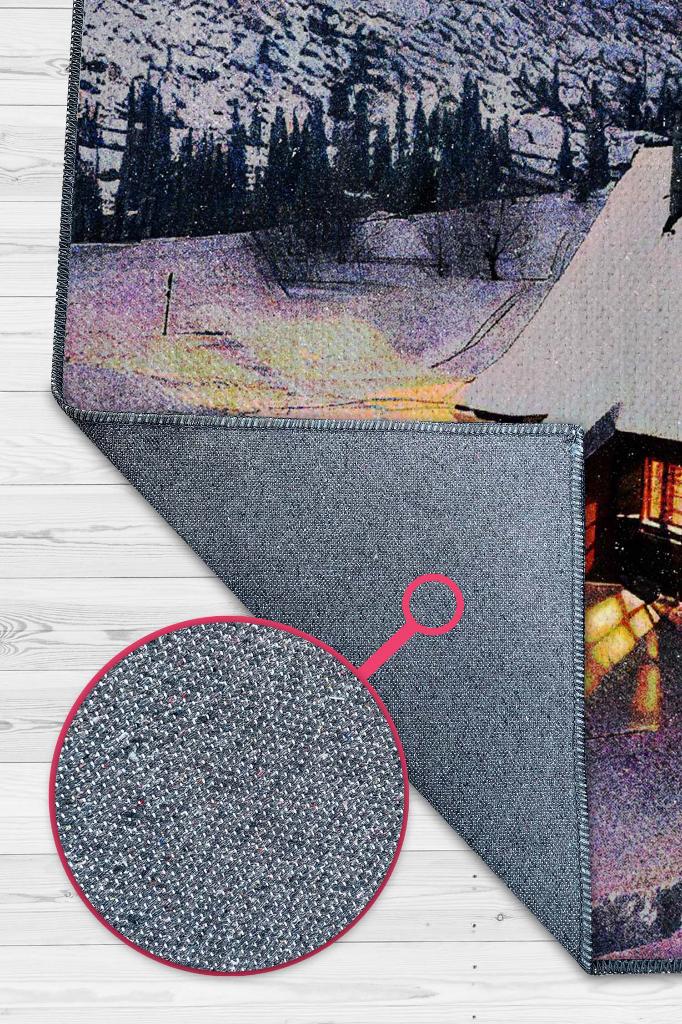 Dağ Evi Mavi Renkli Halı Manzara Temalı Figürlü Salon Halısı Dijital Baskılı Tasarım Halı