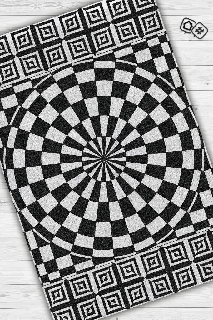 Damalı İllüzyon Geometrik Desenli Halı Siyah Beyaz Oturma Odası Halısı Modern Salon Halısı