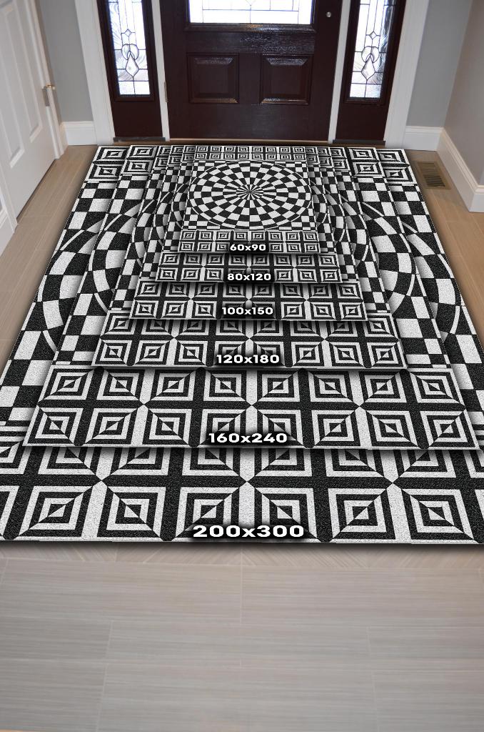 Damalı İllüzyon Geometrik Desenli Halı Siyah Beyaz Oturma Odası Halısı Modern Salon Halısı
