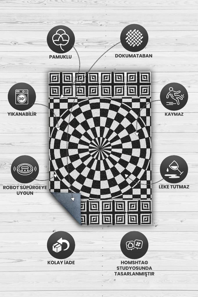 Damalı İllüzyon Geometrik Desenli Halı Siyah Beyaz Oturma Odası Halısı Modern Salon Halısı
