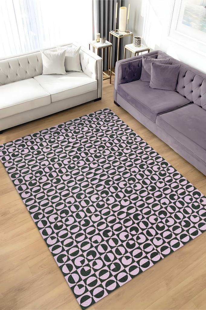 Puantiyeli Halı Geometrik Desenli Halı Pembe Siyah Oturma Odası Halısı Modern Salon Halısı