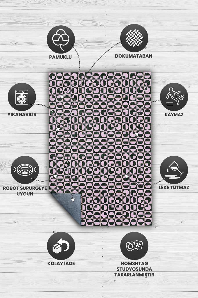 Puantiyeli Halı Geometrik Desenli Halı Pembe Siyah Oturma Odası Halısı Modern Salon Halısı