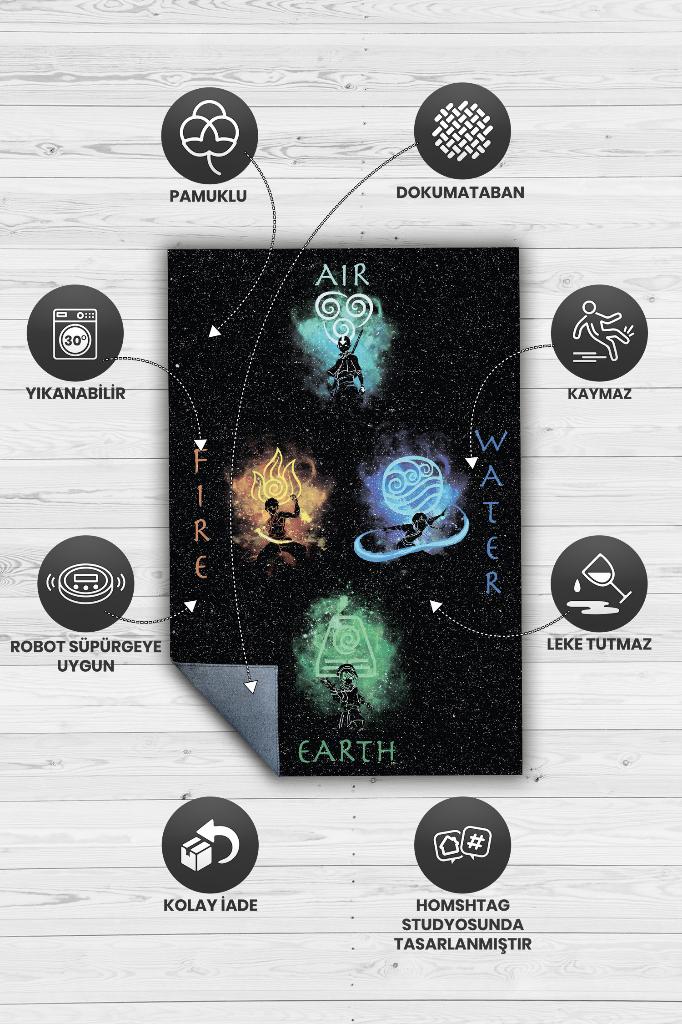 Dört Element Siyah Zeminli Halı Modern Anime Halısı Neon Fiğürlü Anime Sever Hediyelik Halı