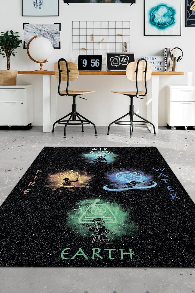 Dört Element Siyah Zeminli Halı Modern Anime Halısı Neon Fiğürlü Anime Sever Hediyelik Halı