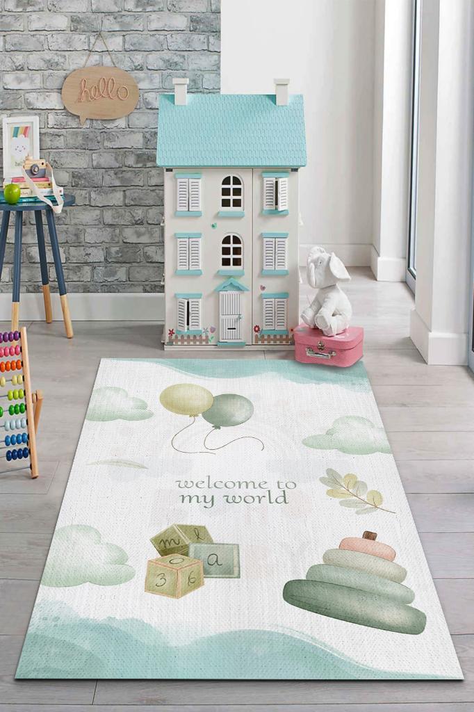 Dünyama Hoşgeldin Pastel Renkli Çocuk Odası Halısı Dokuma Minimal Çocuk Halısı Temalı Halı