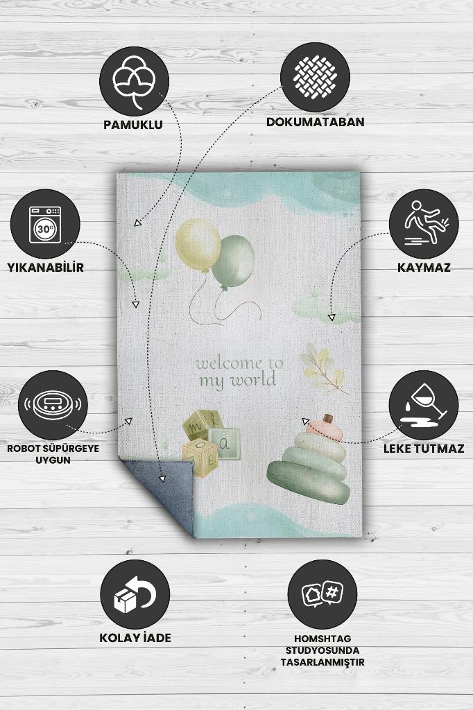 Dünyama Hoşgeldin Pastel Renkli Çocuk Odası Halısı Dokuma Minimal Çocuk Halısı Temalı Halı