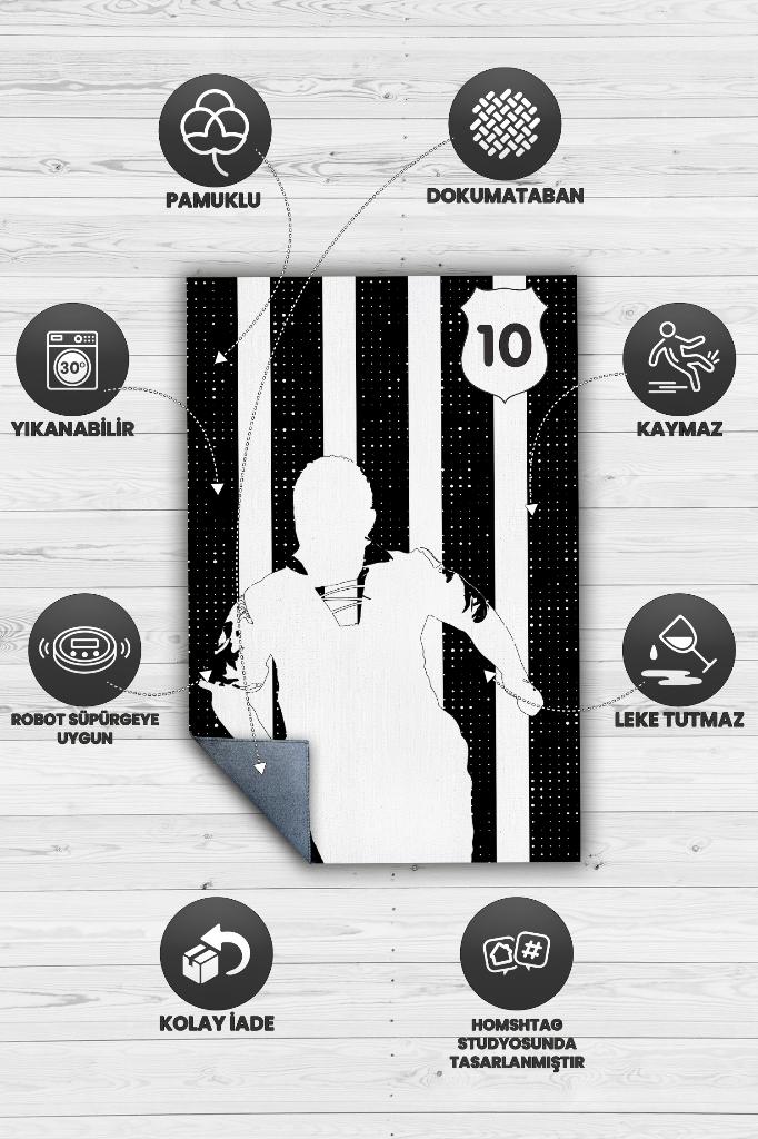 Efsane 10 Siyah Beyaz Renkli Futbol Halısı Beşiktaş Severlere Tasarım Hediyelik Halı