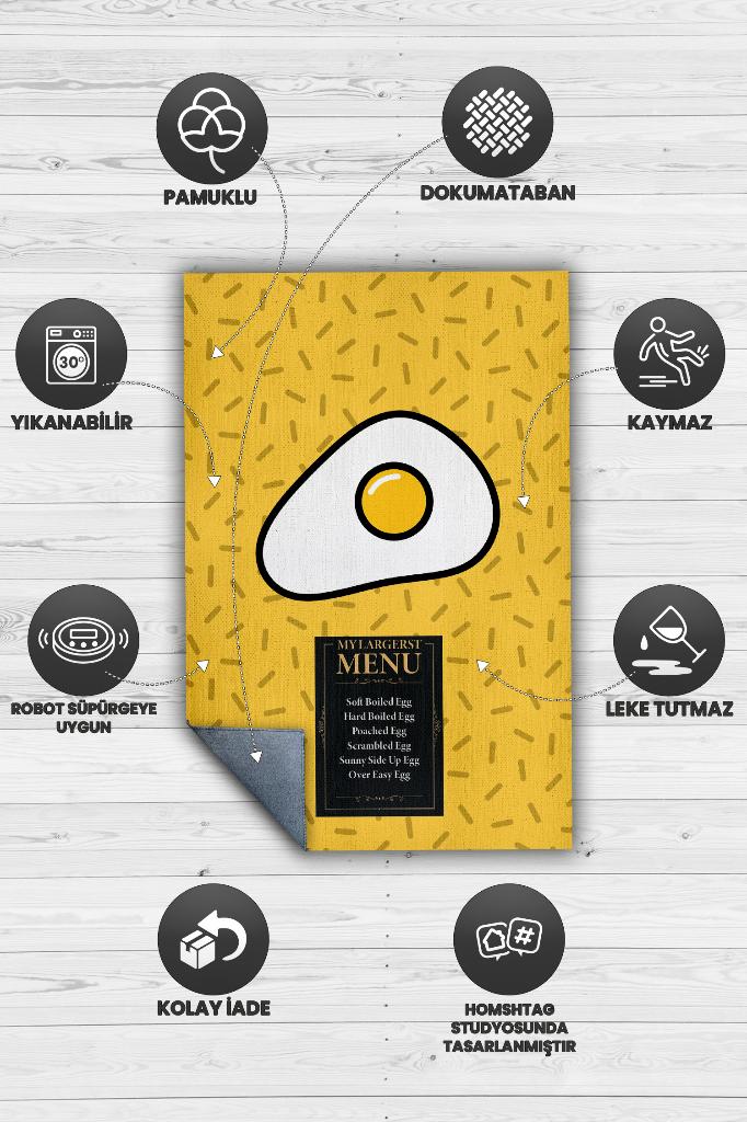 En Geniş Menü Sarı Renkli Mutfak Halısı Yumurta Mutfak Temalı Minimal Tasarım Mutfak Halısı