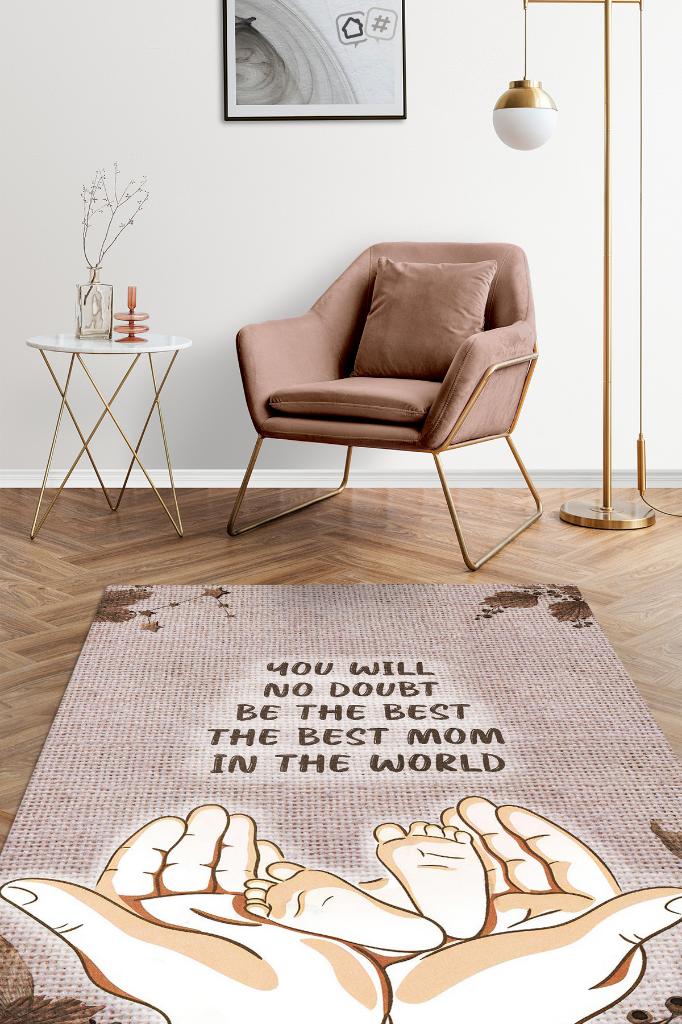 En İyi Anne Bej Renkli Minimal Halı Dijital Baskı Salon Halısı Tasarım Anneye Özel Halı
