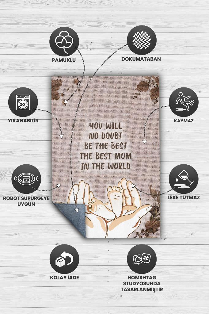 En İyi Anne Bej Renkli Minimal Halı Dijital Baskı Salon Halısı Tasarım Anneye Özel Halı