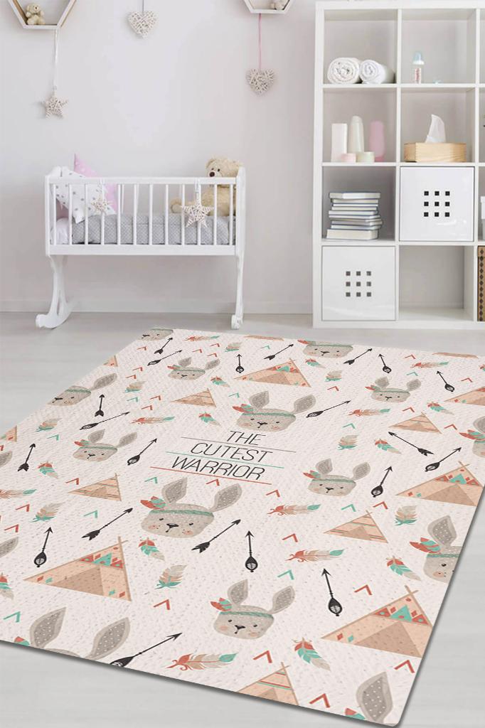 En Tatlı Savaşçı Bej Kahve Renkli Çocuk Odası Halısı Minimal Çocuk Halısı Bebek Temalı Halı
