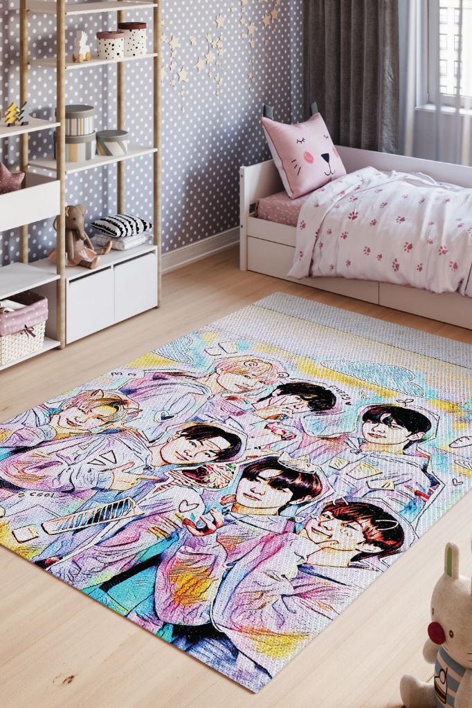 Enhypen Çok Renkli Genç Kız Odası Halısı Modern Dokuma Halı Kpop Sever Müzik Halısı