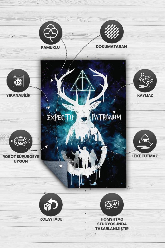 Expecto Mavi Beyaz Renkli Harry Potter Halısı Çocuk Odası Halısı Bohem Tarzlı Film Halısı