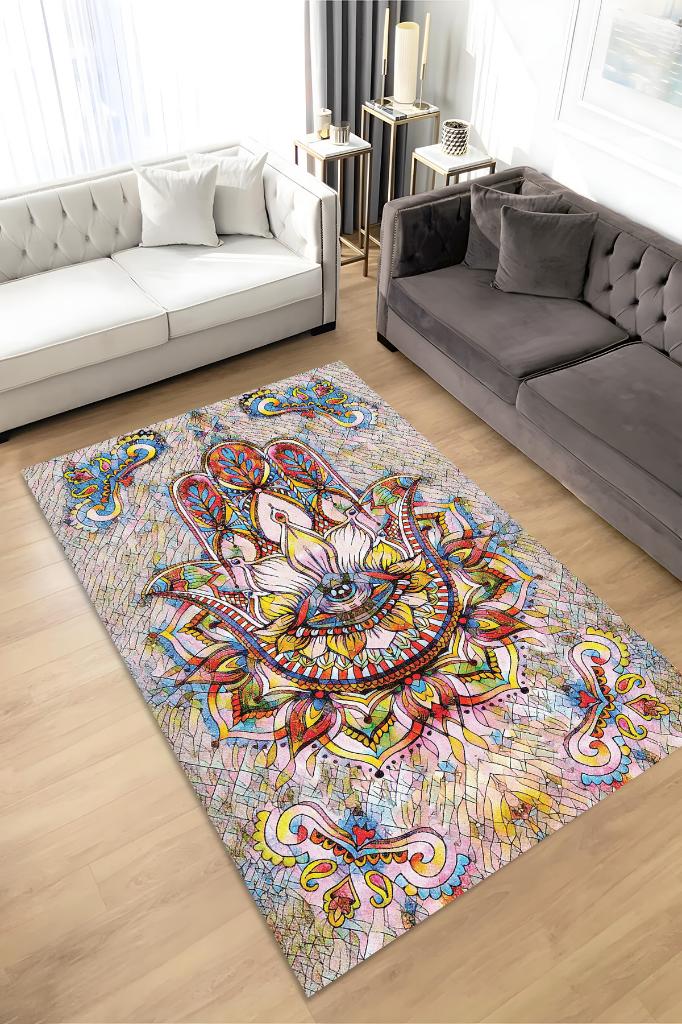 Fatmanın Eli Minimal Salon Halısı Etnik Desenli Halı Çok Renkli Oturma Odası Halısı