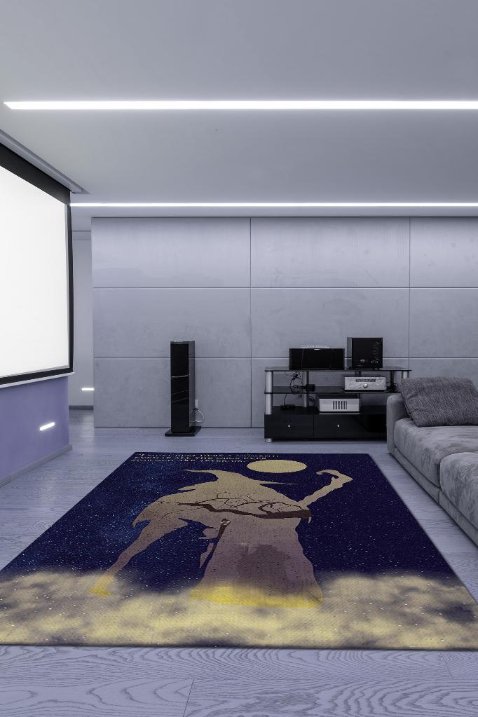 Gandalf Film Desenli Mavi Sarı Renkli Yüzüklerin Efendisi Halısı Modern Film Temalı Halı