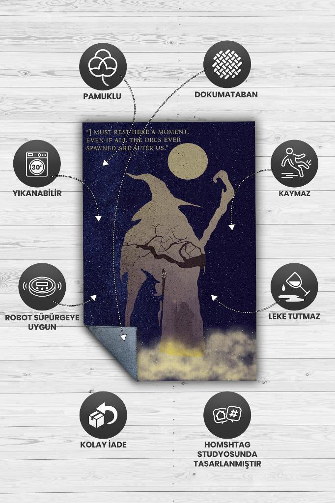 Gandalf Film Desenli Mavi Sarı Renkli Yüzüklerin Efendisi Halısı Modern Film Temalı Halı