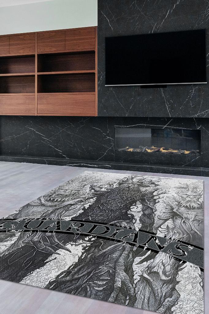 Gardiyanlar Film Desenli Gri Renkli Yüzüklerin Efendisi Halısı Geometrik Film Temalı Halı