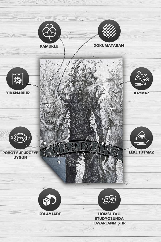 Gardiyanlar Film Desenli Gri Renkli Yüzüklerin Efendisi Halısı Geometrik Film Temalı Halı