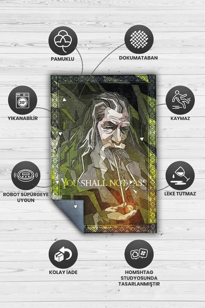 Geçiş Yok Film Desenli Yeşil Renkli Yüzüklerin Efendisi Halısı Geometrik Film Temalı Halı