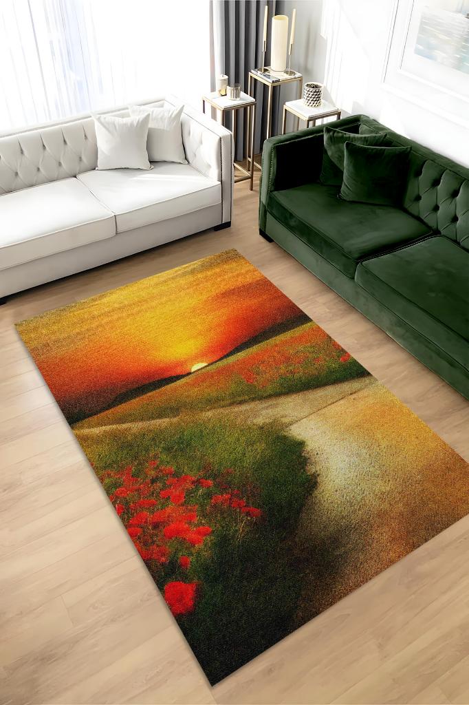 Gelincikler Çok Renkli Halı Manzara Temalı Figürlü Salon Halısı Dijital Baskı Tasarım Halı