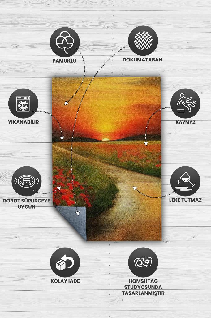 Gelincikler Çok Renkli Halı Manzara Temalı Figürlü Salon Halısı Dijital Baskı Tasarım Halı