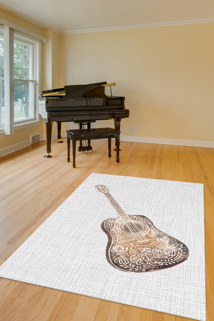 Gitar Beyaz Renkli Halı Gitar Desenli Halı Müzik Sever Salon Halısı Müzisyene Hediye Halı