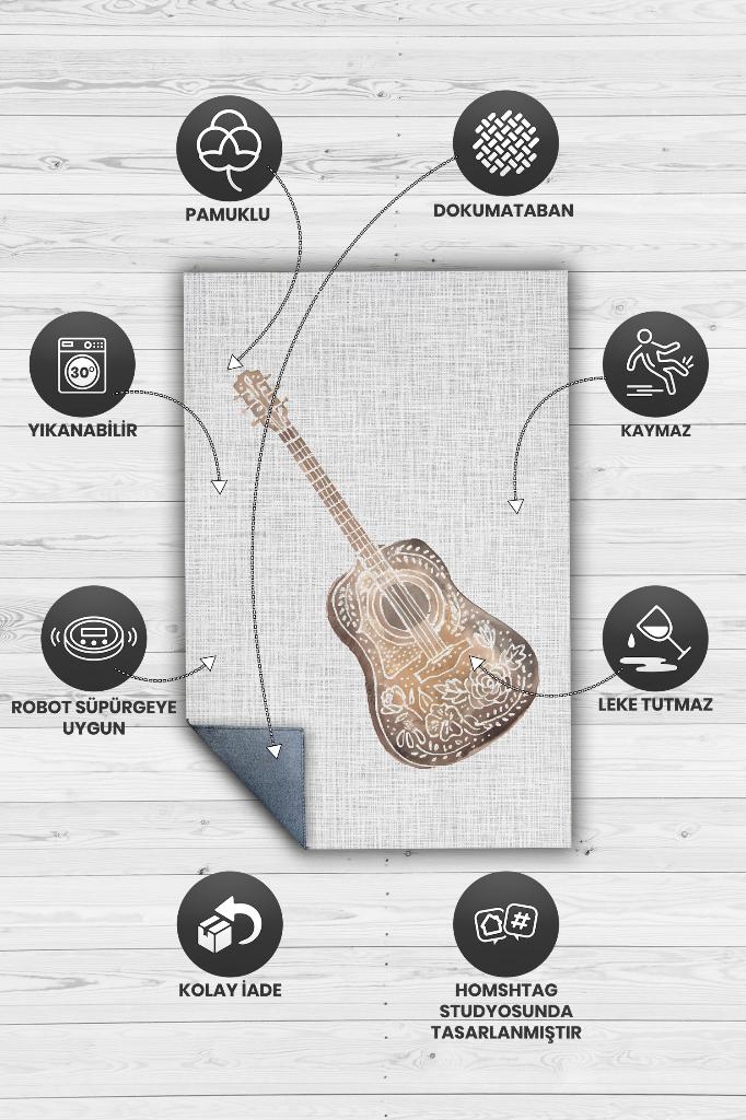 Gitar Beyaz Renkli Halı Gitar Desenli Halı Müzik Sever Salon Halısı Müzisyene Hediye Halı