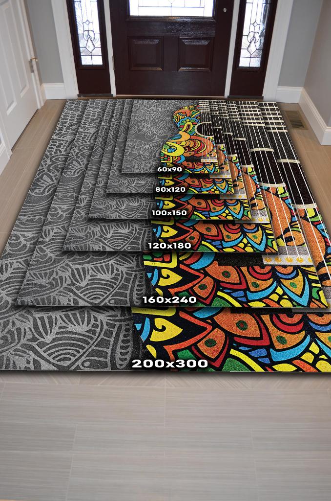 Gitar Renkleri Gri Çok Renki Halı Etnik Desenli Müzik Sever Halısı Gitar Desenli Halı