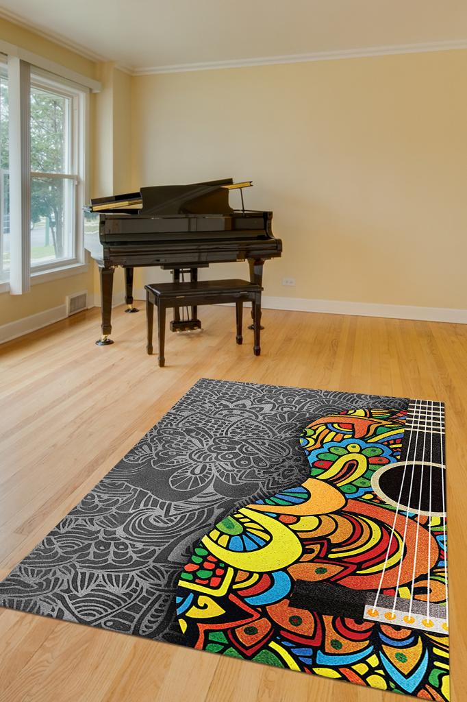 Gitar Renkleri Gri Çok Renki Halı Etnik Desenli Müzik Sever Halısı Gitar Desenli Halı