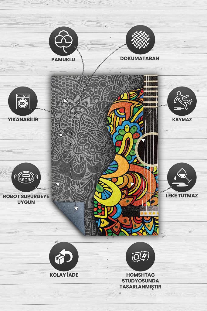 Gitar Renkleri Gri Çok Renki Halı Etnik Desenli Müzik Sever Halısı Gitar Desenli Halı