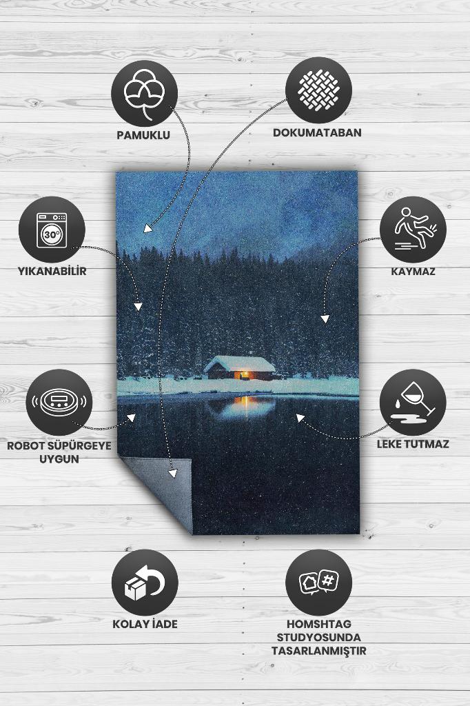 Göl Evi Çok Renkli Halı Manzara Temalı Figürlü Salon Halısı Dijital Baskı Tasarım Halı