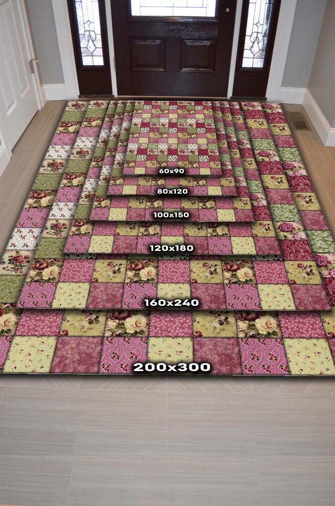 Gül Bahçesi Patchwork Geometrik Halı Renkli Kareli Oturma Odası Halısı Çiçekli Salon Halısı