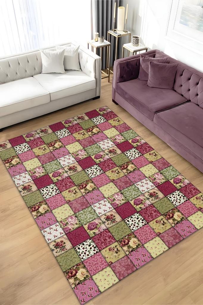 Gül Bahçesi Patchwork Geometrik Halı Renkli Kareli Oturma Odası Halısı Çiçekli Salon Halısı