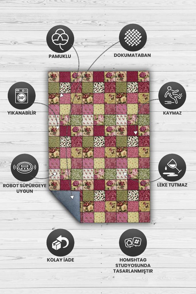Gül Bahçesi Patchwork Geometrik Halı Renkli Kareli Oturma Odası Halısı Çiçekli Salon Halısı