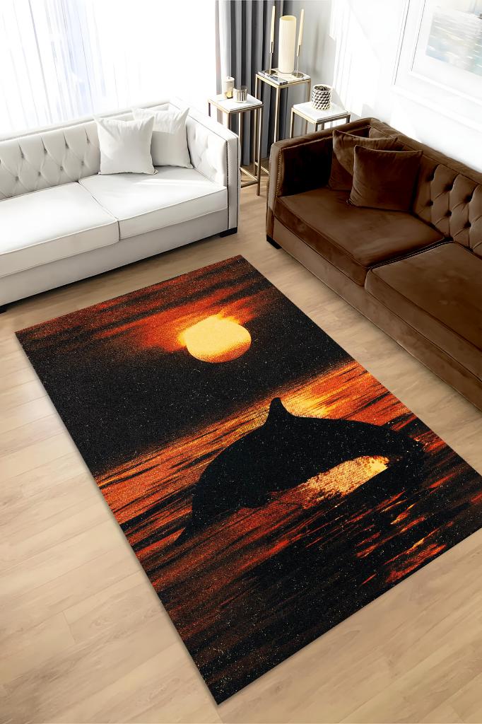 Gün Batımı Turuncu Renkli Halı Manzara Temalı Salon Halısı Dijital Baskılı Tasarım Halı