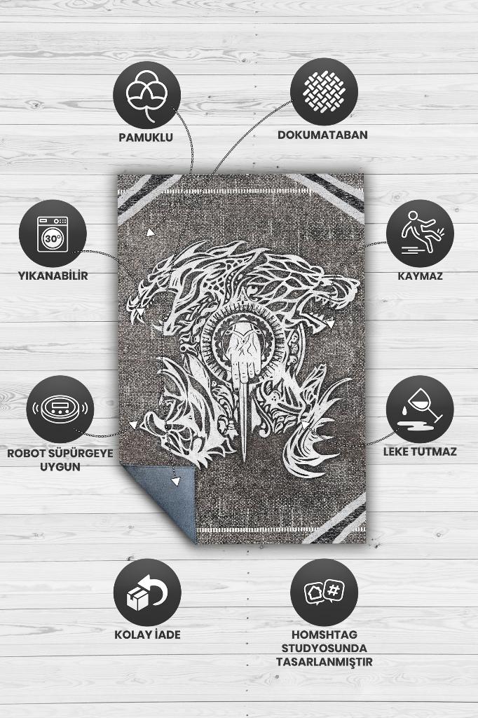 Hanedanlar Dokuma Desenli Halı Game Of Thrones Film Halısı Gri Renk Etnik Film Serisi Halı