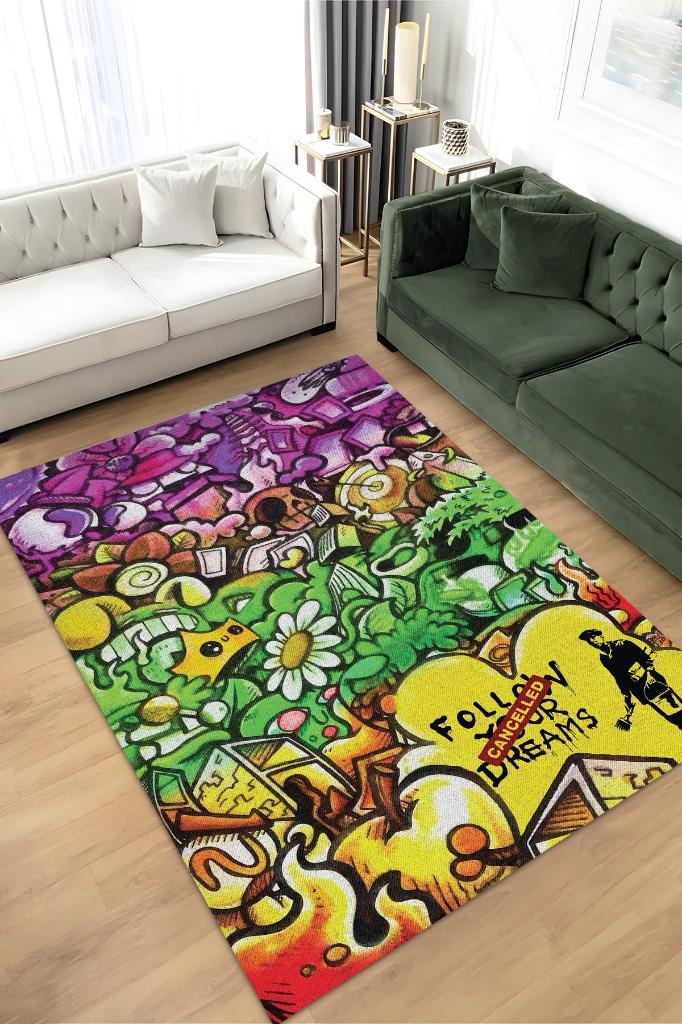Hayaller İptal Graffiti Temalı Renkli Hediyelik Genç Odası Halısı Geometrik Graffiti Halısı