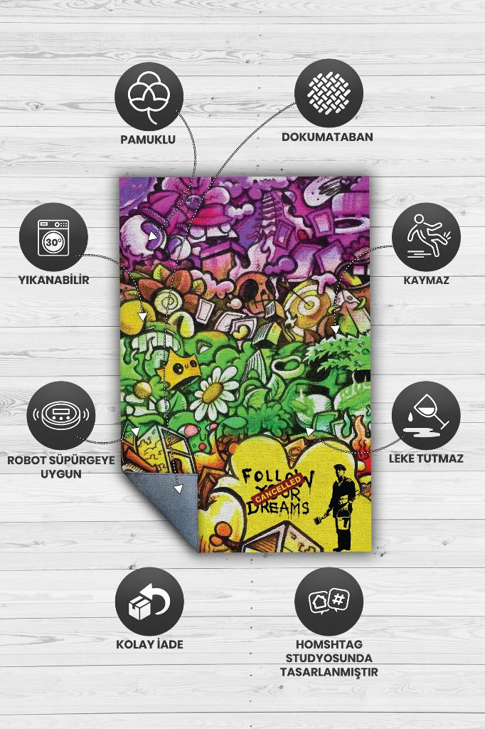 Hayaller İptal Graffiti Temalı Renkli Hediyelik Genç Odası Halısı Geometrik Graffiti Halısı