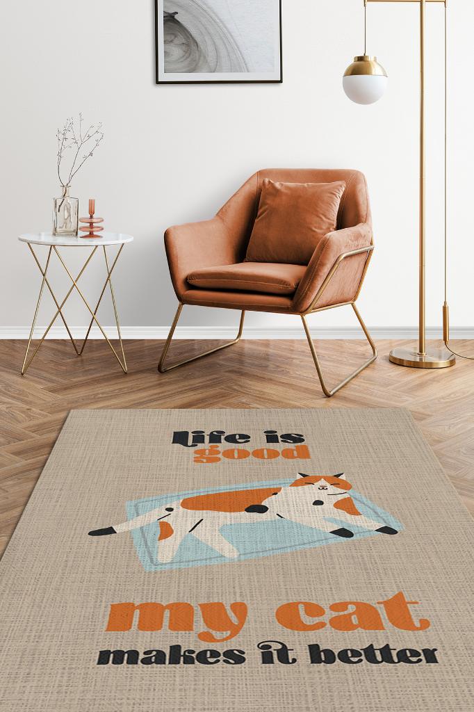 Hayat Kedimle Güzel Bej Turuncu Halı Kedi Figürlü Salon Halısı Modern Genç Odası Halısı